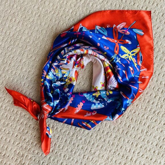 Blue & Red Silky Feel Satin Scarf Colorful Bandana Modern Art Floral 36” Square - Picture 8 of 8